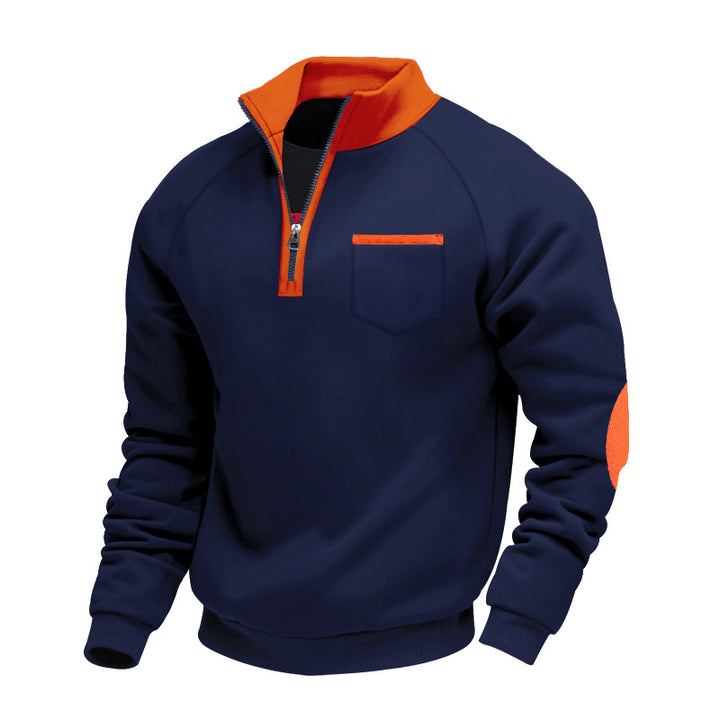 Herren Raglan-Halbzip-Sweatshirt mit Stehkragen, Brusttasche & Ellbogenapplikation – Marzano