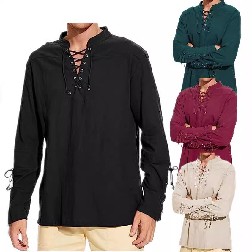 Herren Langarm Leinenhemd mit modernem Schnürdesign Echoarchiv