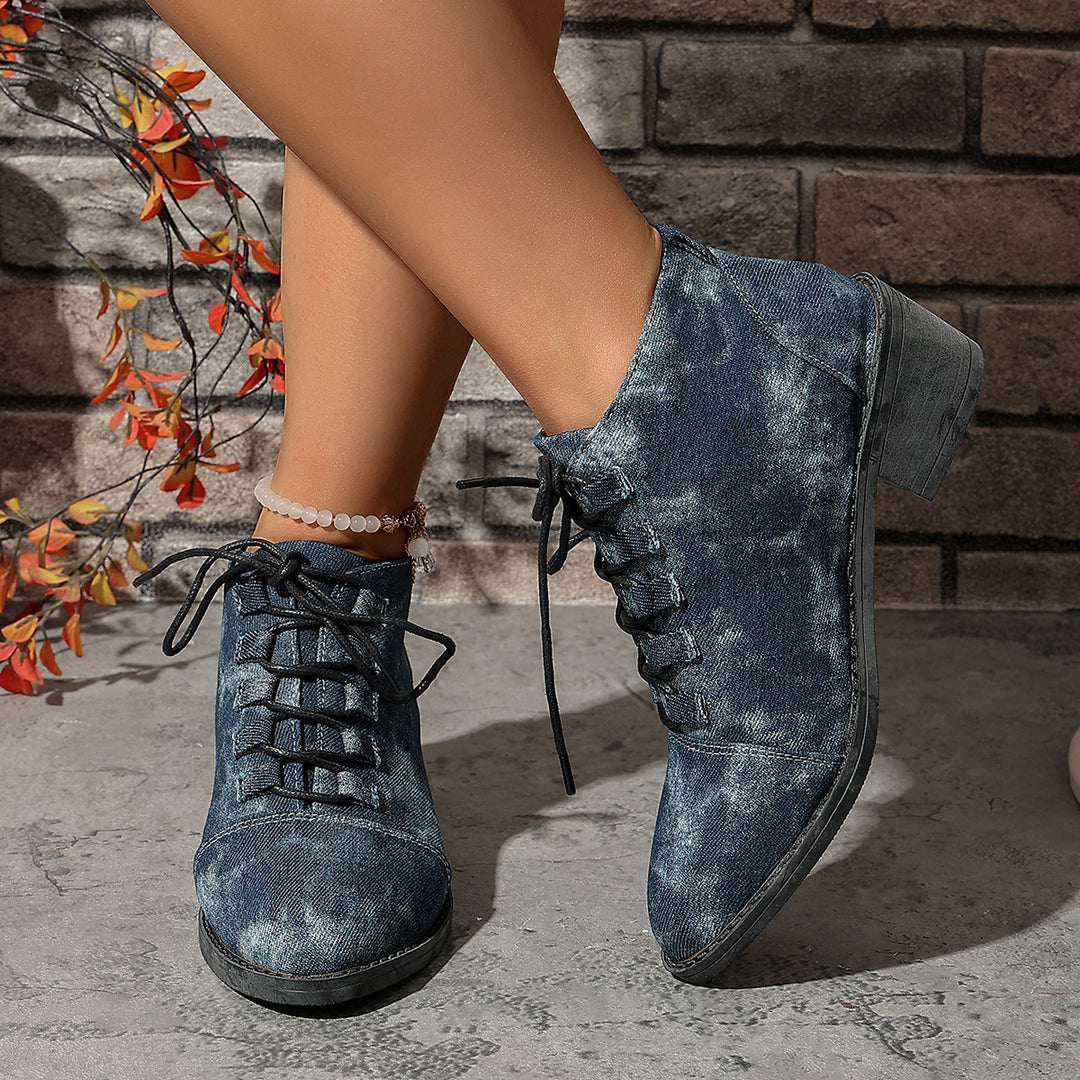 Damen Jeansoptik Schnür-Ankleboots mit niedrigem Blockabsatz Echo Archiv