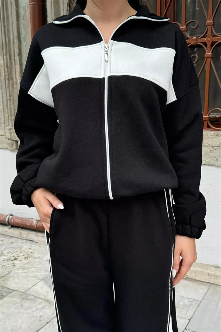 Damen Komfortables Campus-Lounge-Set mit kurzem Reißverschluss-Top und Seitenstreifen-Jogger – Avérine