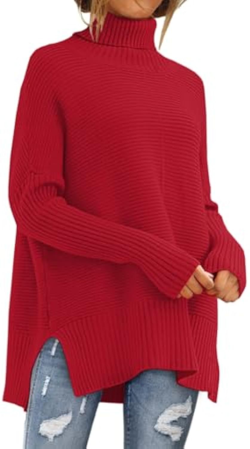Damen Oversize-Rippenstrick Rollkragenpullover mit Seitenschlitzen und verlängertem Saum – Mavelle