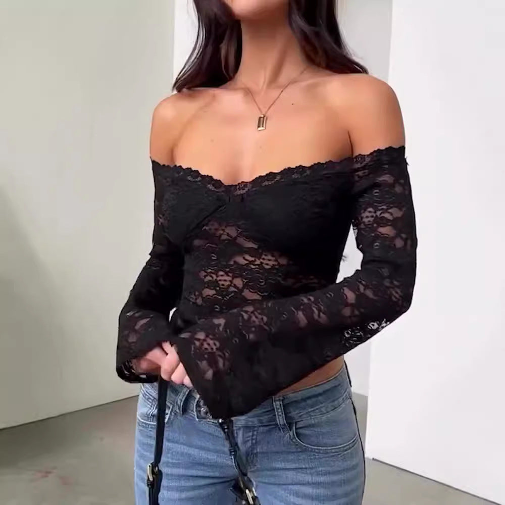 Damen Spitzentop mit Schulterfreiem Design und Volantärmeln Echo Archiv