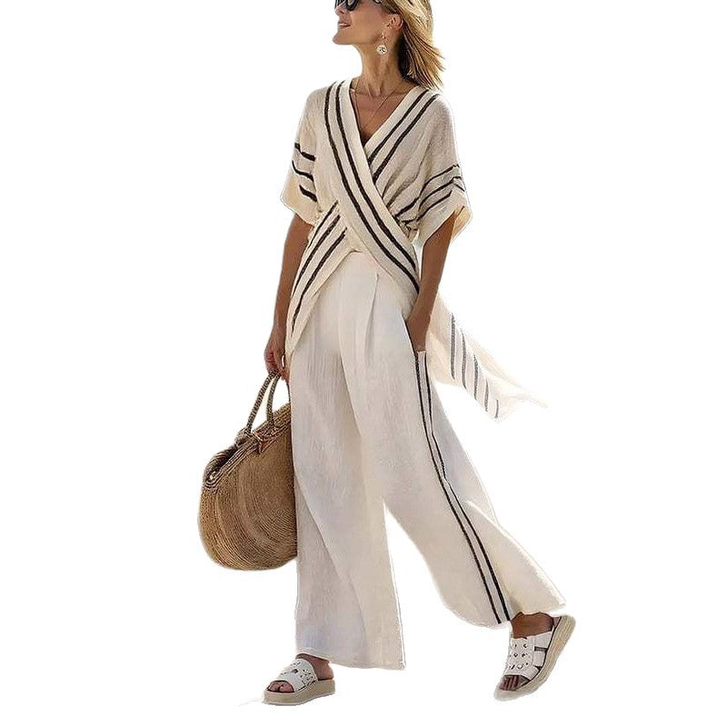 Damen nan resort-inspiriertes Set mit überkreuzter Kimono-Tunika und hochgeschnittener Palazzohose Echo Archiv