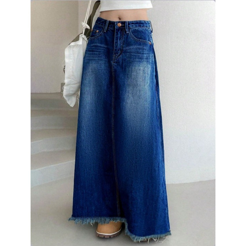Damen Langer Vintage-Jeansrock im A-Linien-Schnitt mit taillenhohem Bund und ausgefranstem Saum Echo Archiv