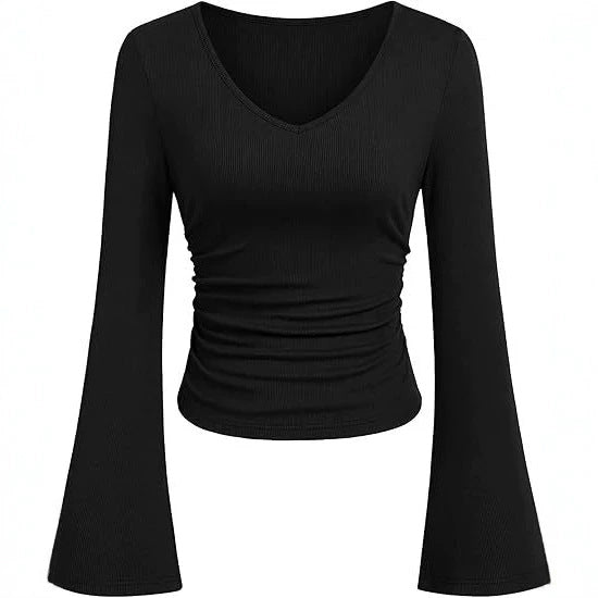 Damen Geripptes Cropped-Top mit V-Ausschnitt, taillierter Raffung und ausgestellten Trompetenärmeln – Orélia
