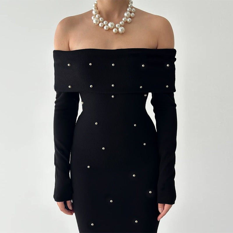 Damen schulterfreies Maxikleid mit eleganter Perlenverzierung und figurbetontem Schnitt Echo Archiv