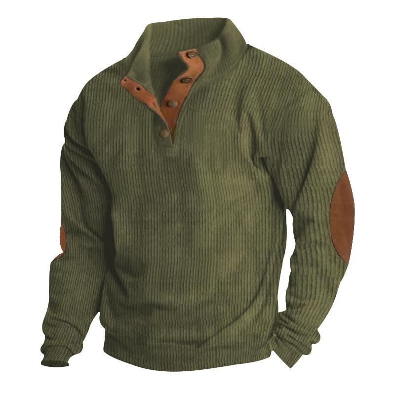 Herren Gerippter Henley-Pullover mit Stehkragen, Knopfleiste & Leder-Ellbogenpatches – Norvane