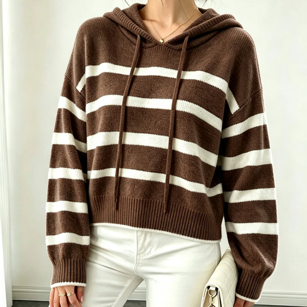 Damen Kapuzen-Strickpullover im Maritim-Look mit geripptem Saum und relaxed Fit – Auréline