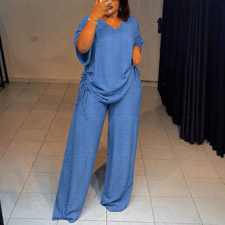 Damen Oversize-Lounge-Set mit V-Ausschnitt, seitlicher Raffung und weiter Palazzohose – Élanora