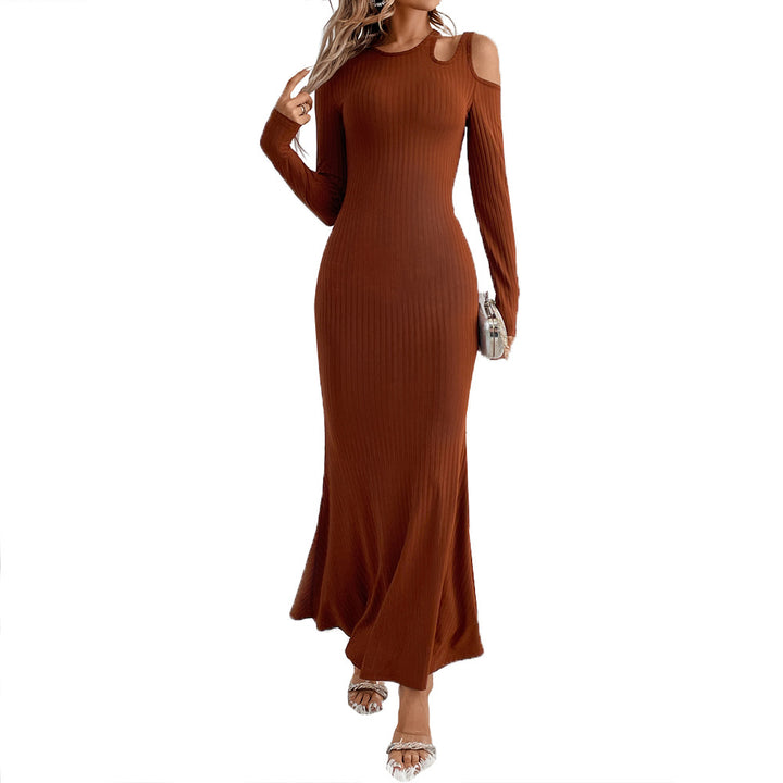 Damen geripptes Meerjungfrauen-Maxikleid mit Cold-Shoulder Cutouts, sculptender Passform und ausgestelltem Saum – Valéora