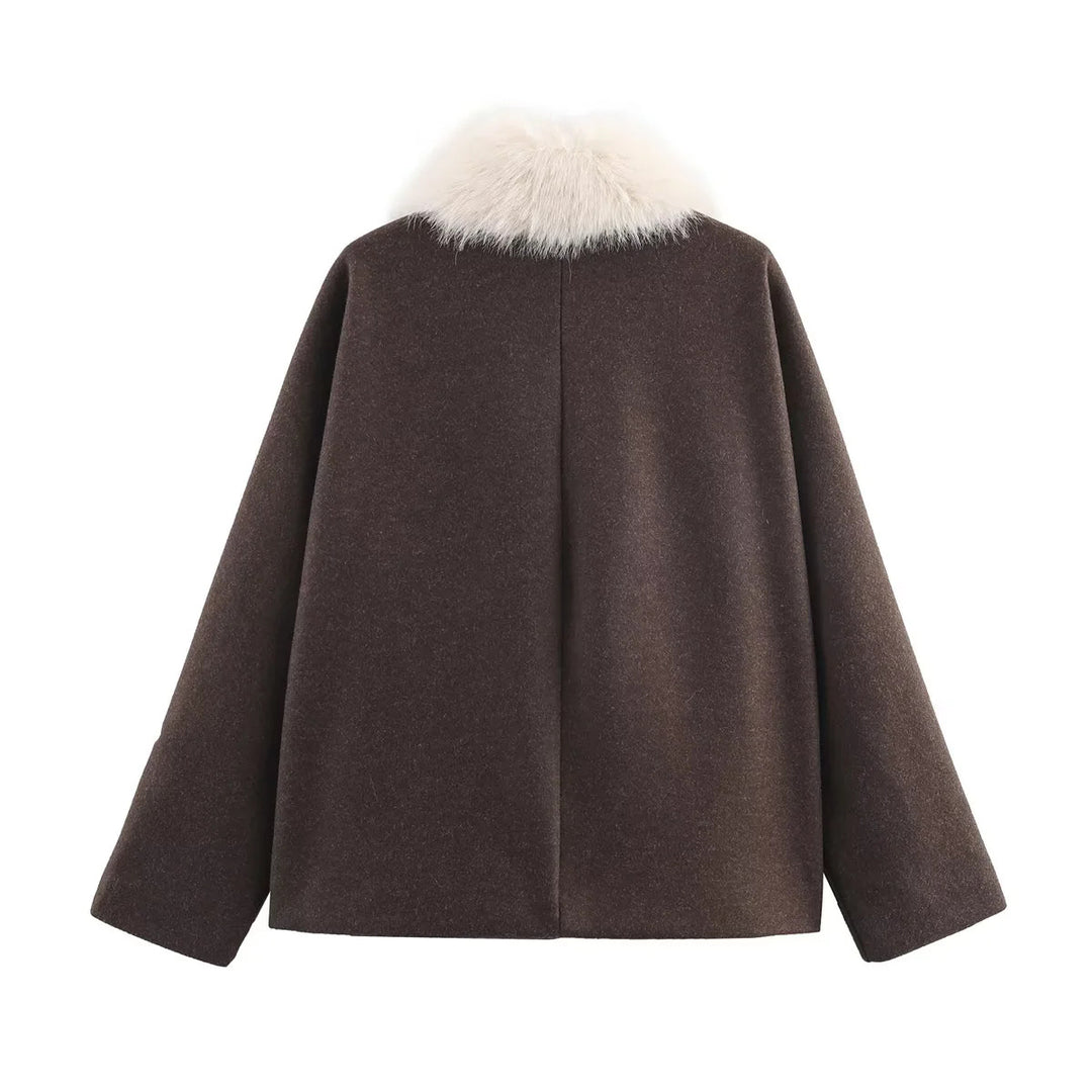 Damen kurz geschnittene kastige Wollmix-Jacke mit abnehmbarem Kunstpelzkragen und Leistentaschen – Célinea