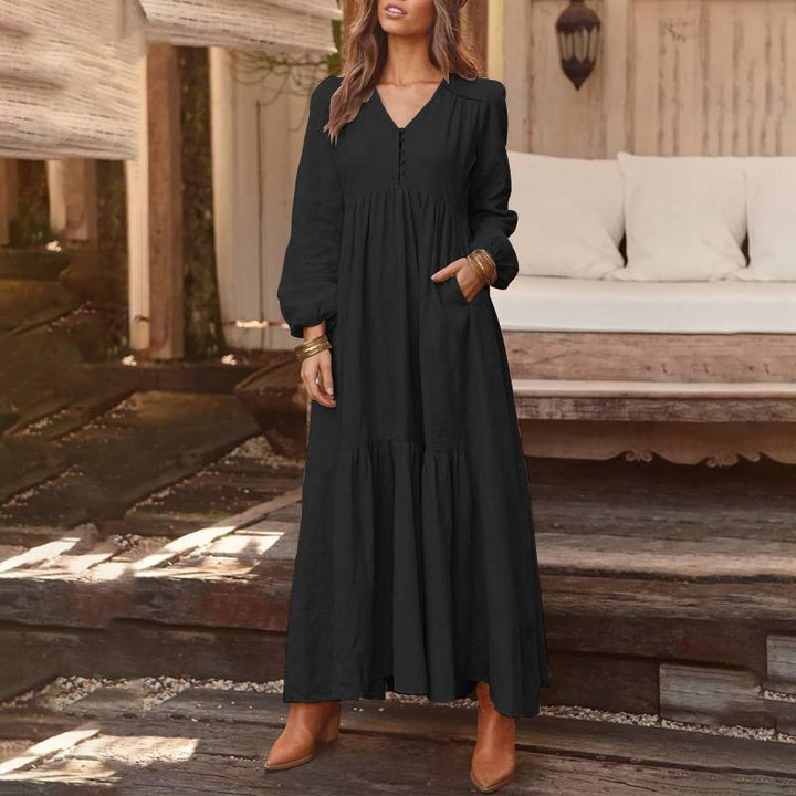 Damen nan luftiges Maxikleid mit V-Ausschnitt, langen Ärmeln und seitlichen Taschen Echo Archiv
