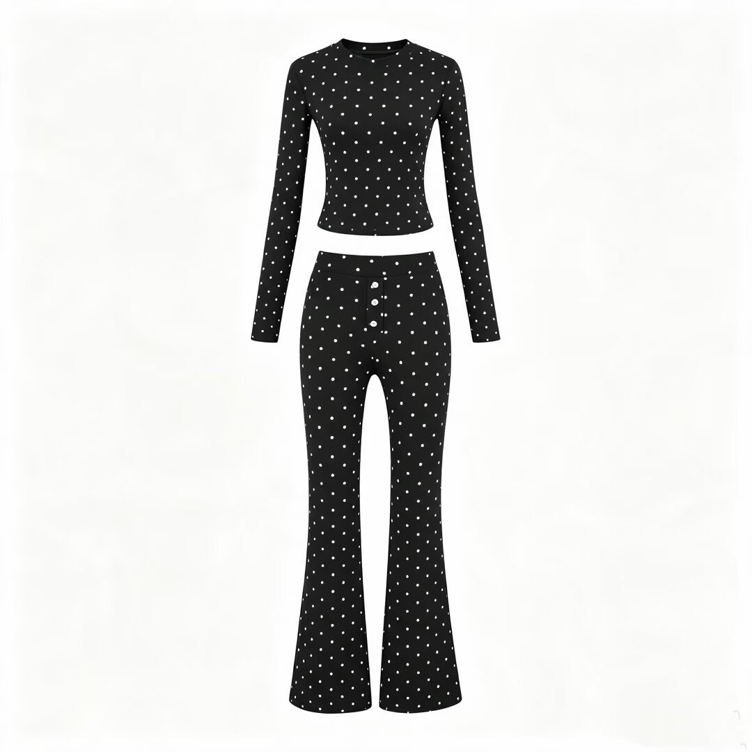 Damen Zweiteiliges Stretch-Jersey Lounge-Set mit Cropped Longsleeve und High‑Waist Schlaghose Echoarchiv