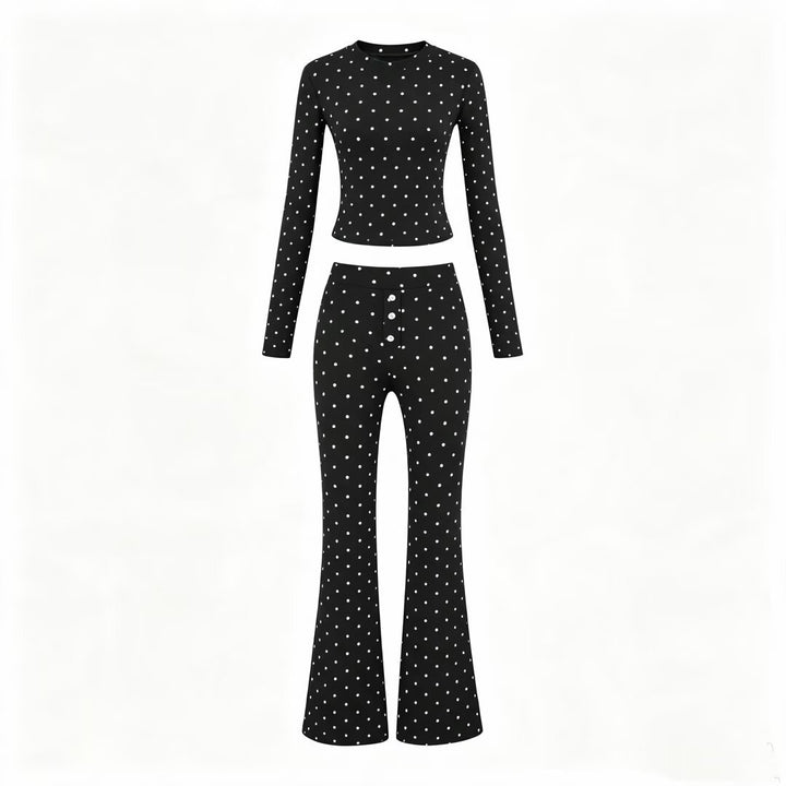 Damen Zweiteiliges Stretch-Jersey Lounge-Set mit Cropped Longsleeve und High‑Waist Schlaghose Echoarchiv