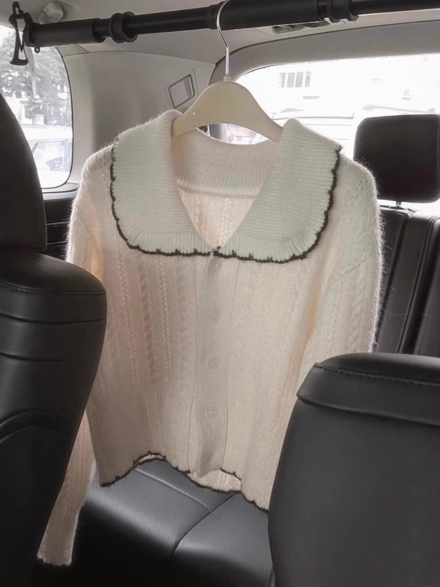 Damen Zopfmuster-Strickcardigan mit großem Matrosenkragen und kontrastkante Echoarchiv