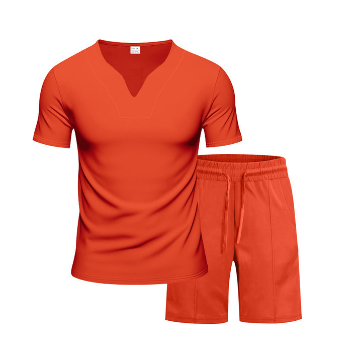 Herren Sportliches Freizeit-Set mit atmungsaktivem V-Ausschnitt T-Shirt und elastischen Shorts Echoarchiv