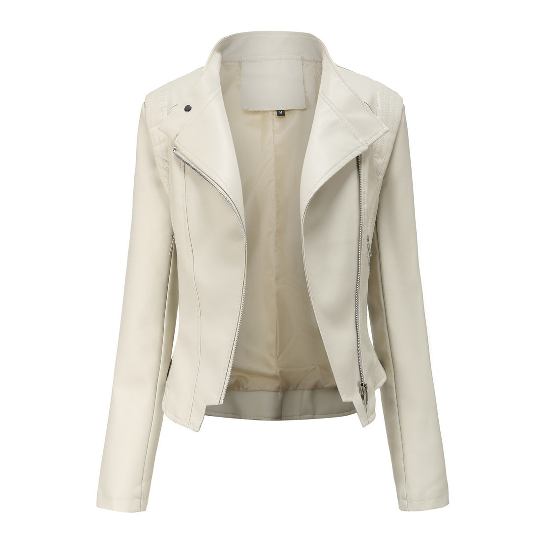 Damen kurze taillierte Bikerjacke aus Kunstleder mit asymmetrischem Reißverschluss – Célinea