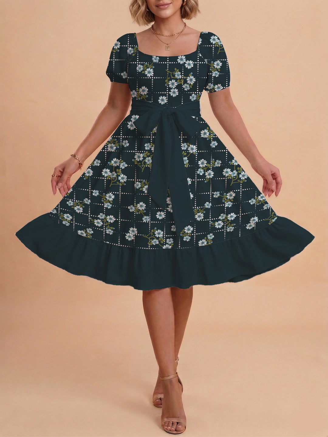 Damen Blumenkleid mit taillierbarem Gürtel und voluminösen Ärmeln Echo Archiv