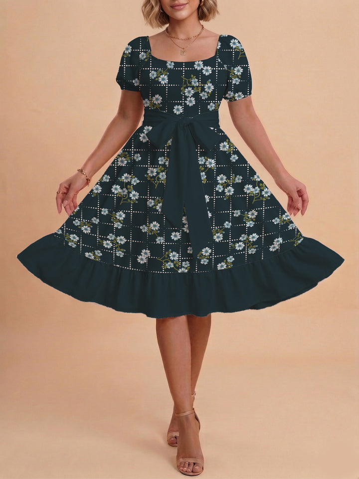 Damen Blumenkleid mit taillierbarem Gürtel und voluminösen Ärmeln Echo Archiv