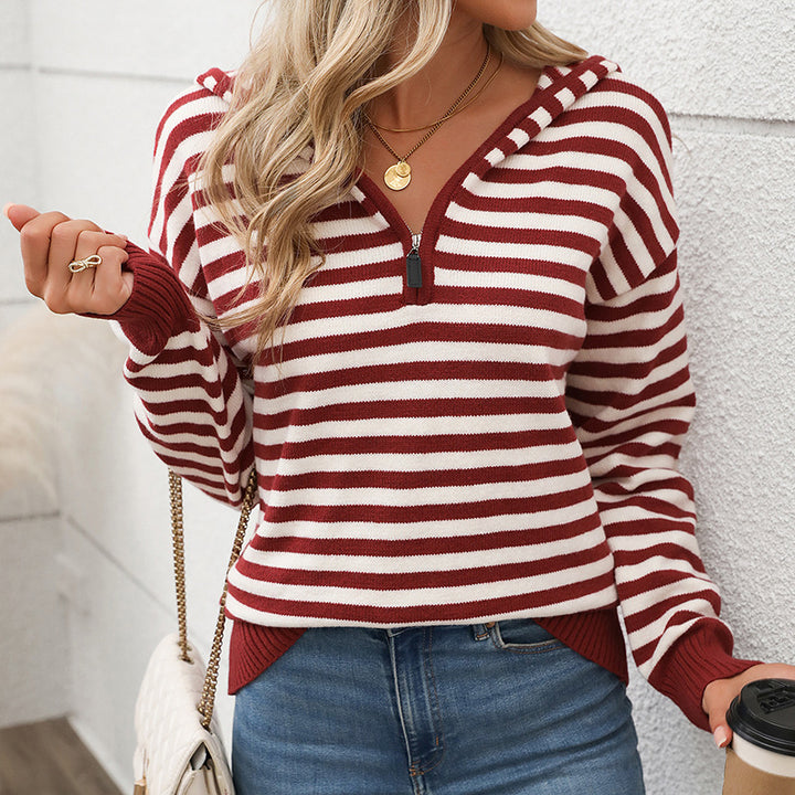 Damen Modischer Strickpullover mit Kapuze und halbem Reißverschluss Echo Archiv