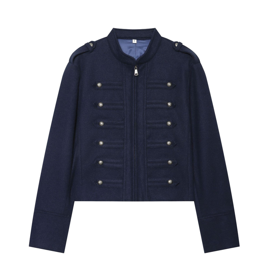 Damen militärisch inspirierte Wolljacke mit Stehkragen Zipper und dekorativen Knopfleisten – Célinea