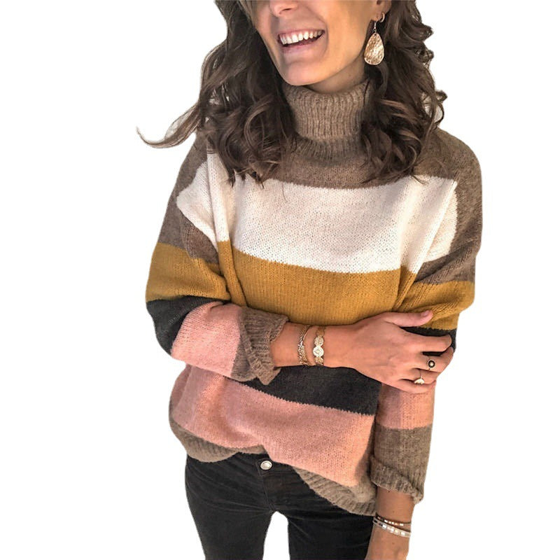Damen Oversize Rollkragenpullover mit breiten Blockstreifen und weichem Strick Echoarchiv