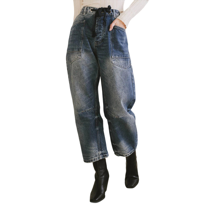 Damen nan lässige Cargo-Denim Culotte mit Kordelbund und großen aufgesetzten Taschen Echo Archiv