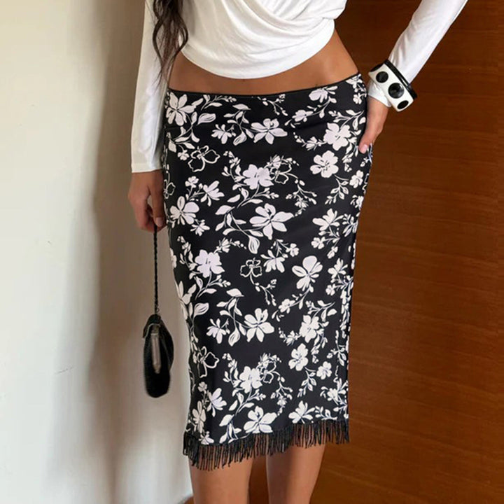 Damen Midirock Bleistiftrock mit floralem Print und Fransenbesatz Echo Archiv