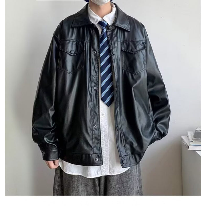 Herren Oversized Kunstleder-Hemdenjacke im Boxy-Look mit Pattentaschen und Druckknopfleiste Echoarchiv