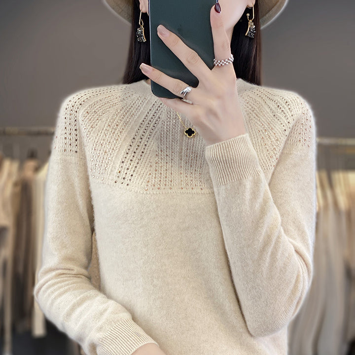 Damen Weicher Kaschmir‑Optik Feinstrickpullover mit Ajour‑Yoke und Paillettenbesatz Echoarchiv