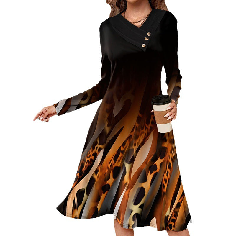 Damen A-Linien-Midikleid mit Animal-Print, asymmetrischem V-Ausschnitt und Zierknopfleiste – Avérine
