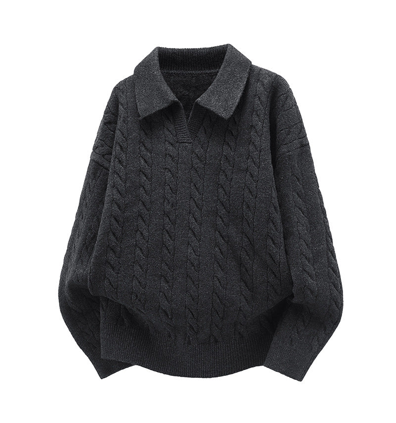 Damen Oversize Kabelstrick-Polo-Pullover mit V‑Ausschnitt und geripptem Saum Echoarchiv