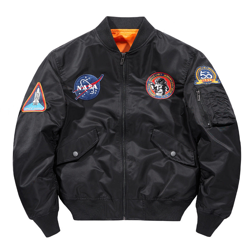 Men's nylon flight-style bomber with embroidered space patches and contrast orange lining – Brevano