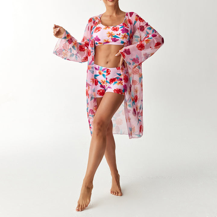 Damen Badeanzug Set mit floralem Oberteil und transparentem Strandüberwurf Echo Archiv