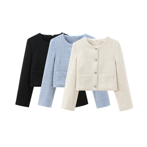 Damen elegante Kurzjacke im strukturierten Tweed-Stil mit praktischen Taschen Echoarchiv