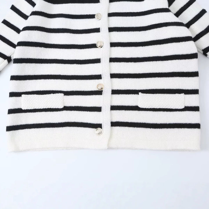 Damen Gestreifte Feinstrick‑Cardigan mit Rundhalsausschnitt, aufgesetzten Taschen und Zierknöpfen Echo Archiv