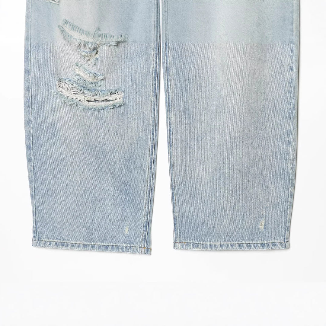 Damen High‑Waist Jeans mit weitem Bein, Destroyed‑Details und ausgefransten Knien Echo Archiv