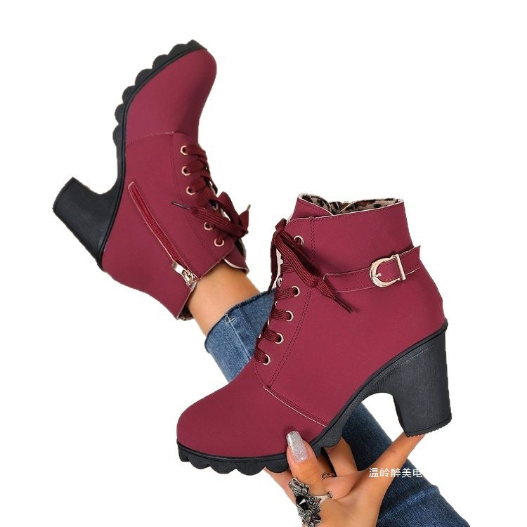 Damen nan knöchelhohe Schnür-Stiefelette mit seitlichem Reißverschluss, dekorativer Gürtelschlaufe, mittelhohem Blockabsatz und profilstarker Laufsohle Echo Archiv