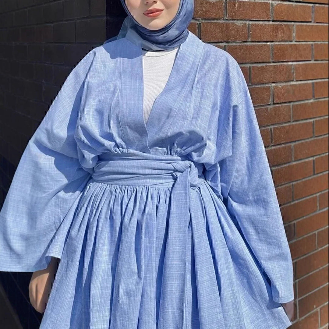 Damen Kimono-Wickelkleid in Leinenoptik mit weitem Rock und Bindegürtel Echoarchiv