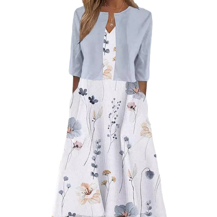 Damen nan Maxikleid mit separatem Bolero, V-Ausschnitt, Eingrifftaschen und floraler A-Linien-Silhouette Echo Archiv