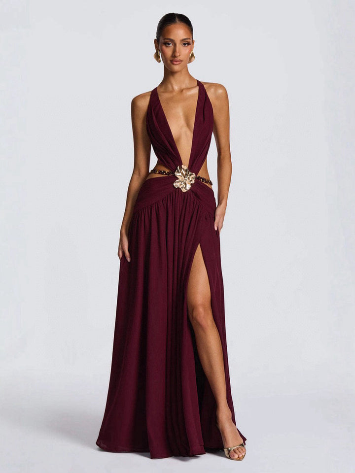 Damen Maxikleid mit tiefem V-Ausschnitt und elegantem Wickeldesign Echo Archiv