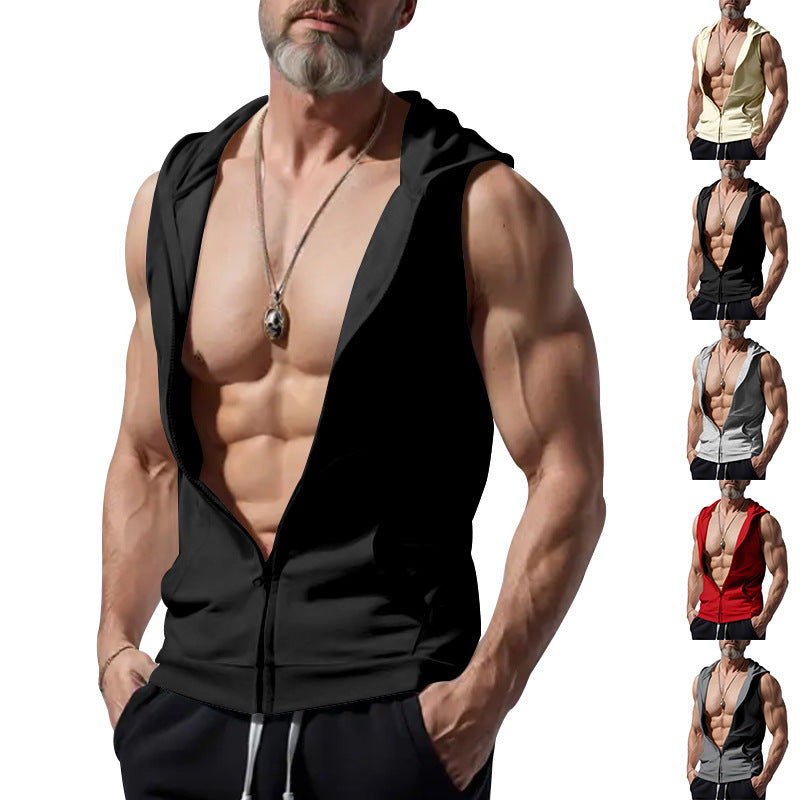 Herren ärmelloses Zip-Hoodie mit tiefem V-Ausschnitt und atmungsaktivem Material Echoarchiv