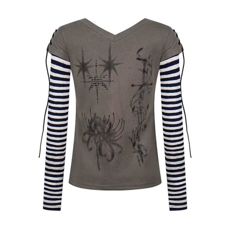 Damen Lagen-Langarmshirt mit V-Ausschnitt, Streifen-Innenlayer und Schnürdetail Echoarchiv