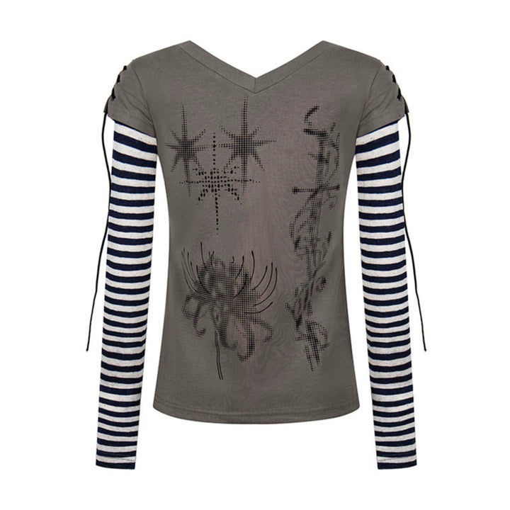 Damen Lagen-Langarmshirt mit V-Ausschnitt, Streifen-Innenlayer und Schnürdetail Echoarchiv