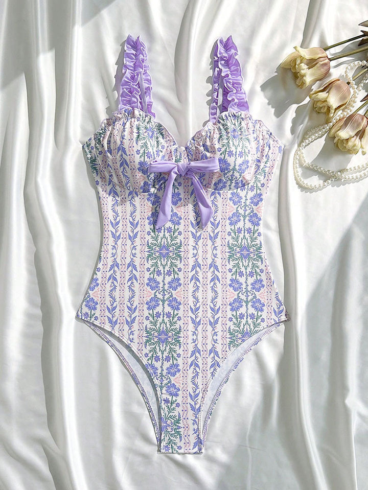 Damen Einteiler Badeanzug mit verspieltem Floral-Muster und Rüschendetails Echo Archiv