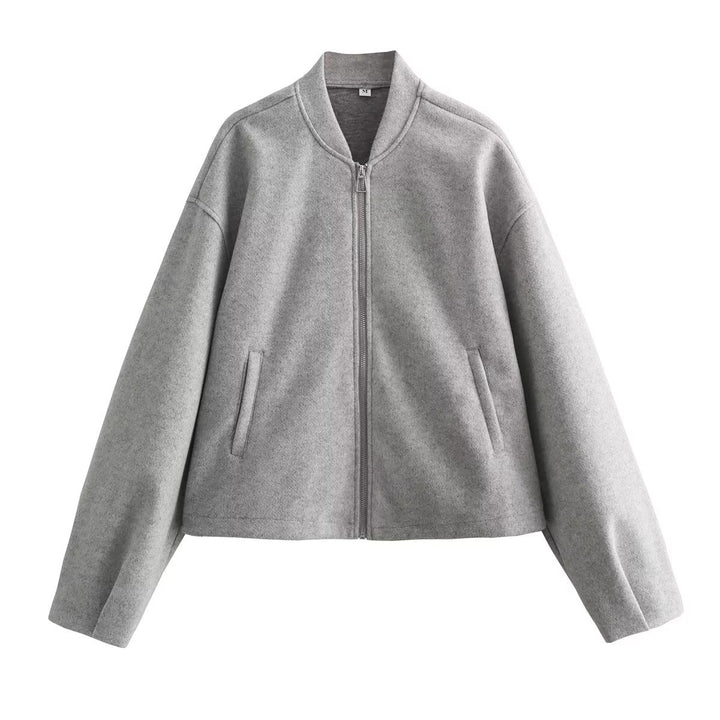 Damen kurz geschnittene minimalistische Bomberjacke mit verdecktem Zwei-Wege-Reißverschluss und Eingrifftaschen – Avenza