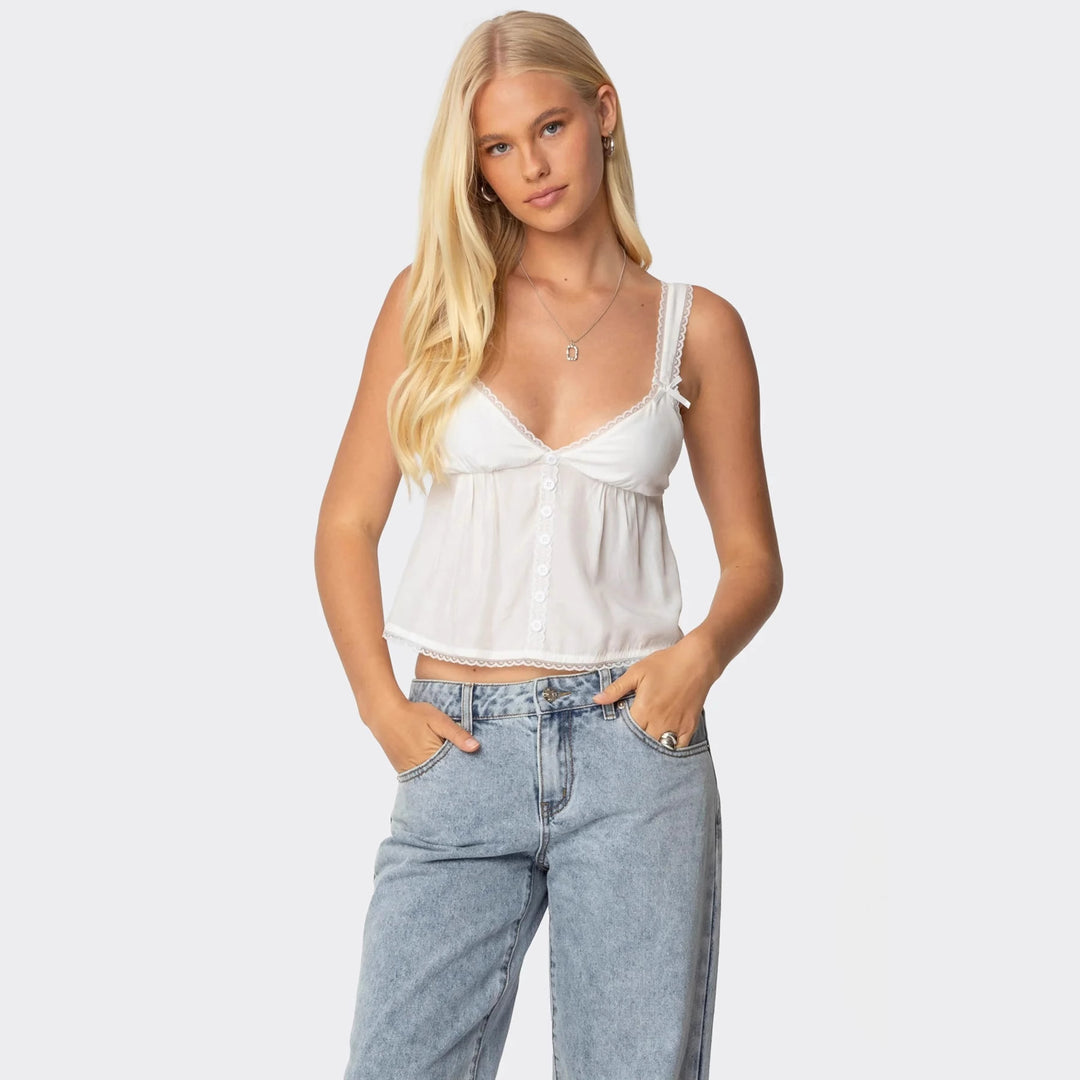 Damen Crop-Top aus feiner Baumwolle mit dekorativen Knopfdetails Echo Archiv