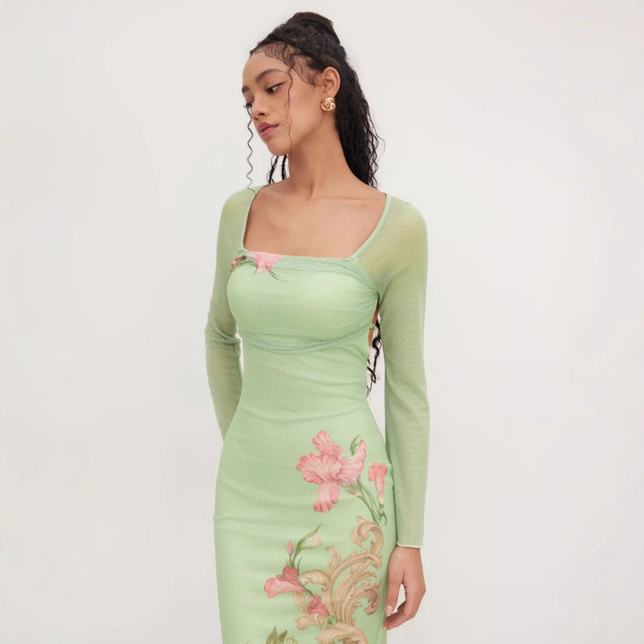 Damen elegantes Midikleid mit floralem Design und transparenten Longsleeves Echo Archiv
