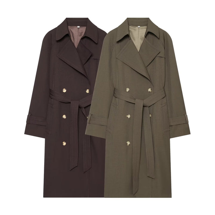 Damen langer zweireihiger Trenchcoat mit Bindegürtel und Raglanärmeln Echo Archiv