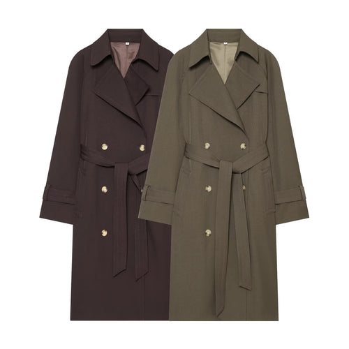 Damen langer zweireihiger Trenchcoat mit Bindegürtel und Raglanärmeln Echo Archiv